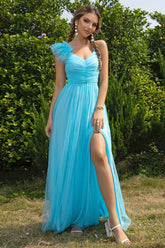 Asymmetrical Ruched Slit Dress Aqua OutfitFlow